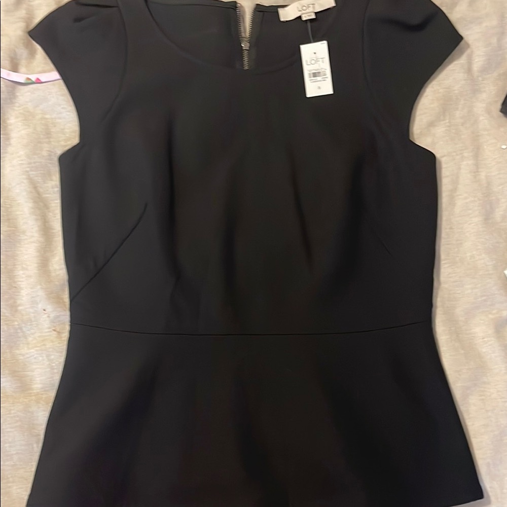 LOFT Black Fitted Peplum Cap Sleeve Blouse
